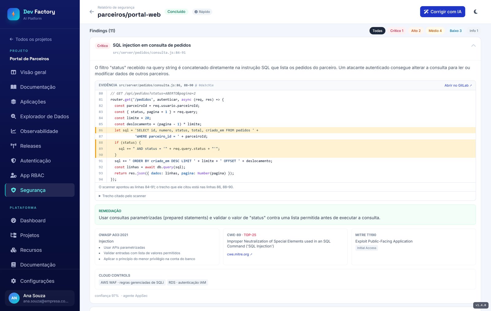 Detalhe de um achado de segurança com arquivo e linha, evidência destacada no código, remediação, referências e índice de confiança.